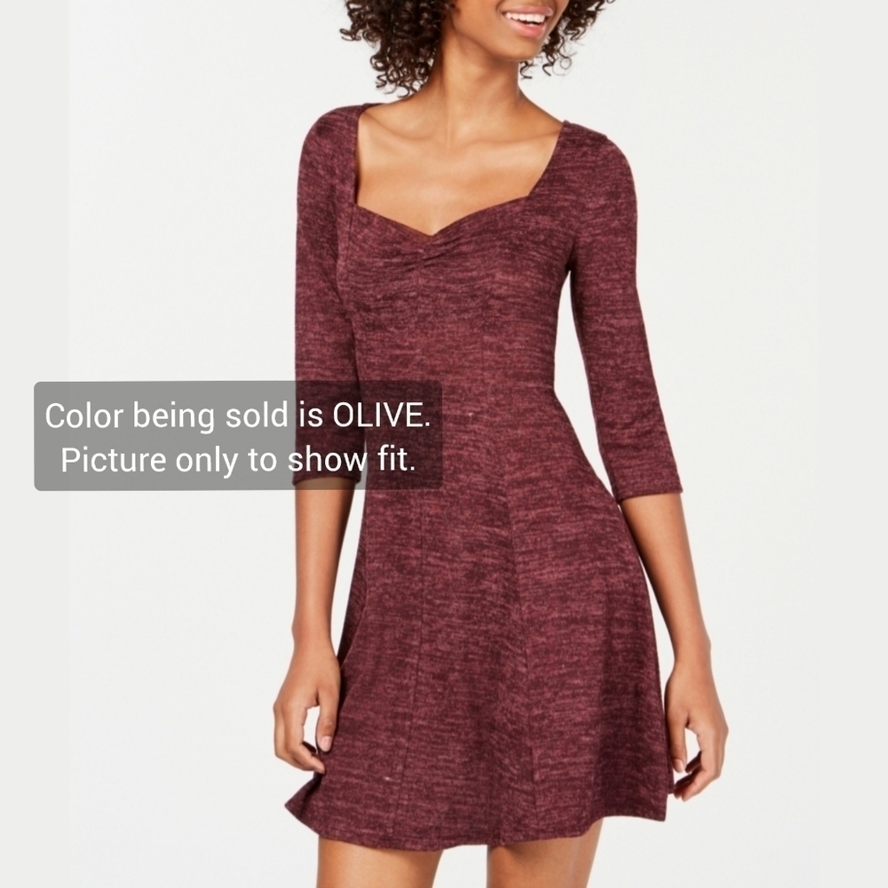 ✨️4/$20. Juniors NWOT Olive Space Dye Knit Sweetheart Neck A-Line Mini Dress - Picture 11 of 13
